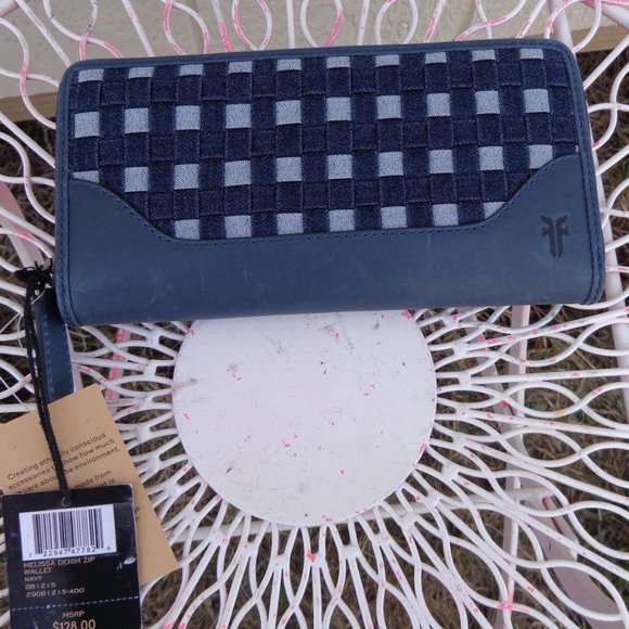 Frye Leather Navy Blue Denim Melissa Zip Around Wallet New NWT DB1215 $128